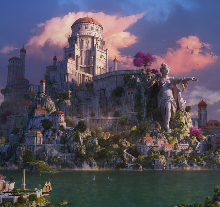 Fantasy city with a large statue overlooking the water