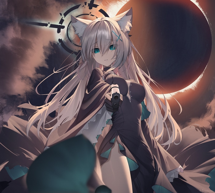 Shiroko from Blue Archive holding a gun during an eclipse