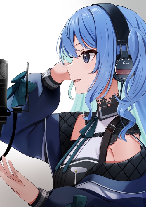 Hoshimachi Suisei wearing headphones and singing into a microphone
