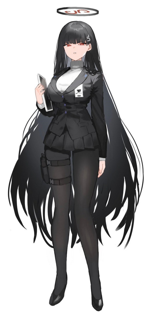 Blue Archive character in a black suit and skirt