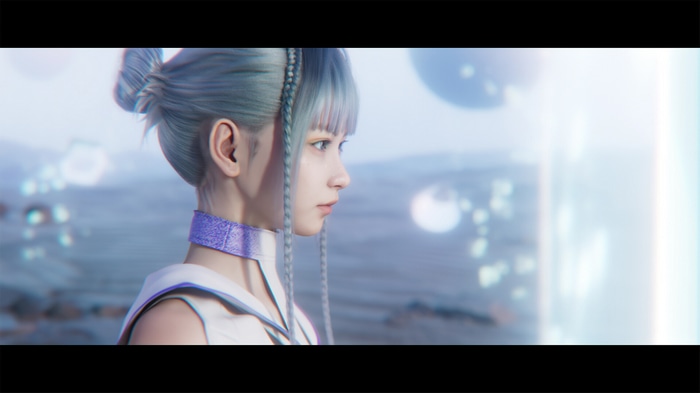 Woman with blue hair and braids in a futuristic landscape
