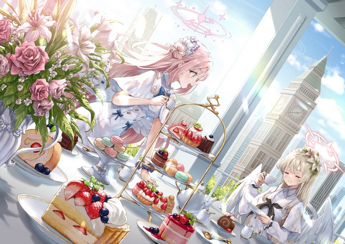 Blue Archive characters enjoying tea with cakes and flowers