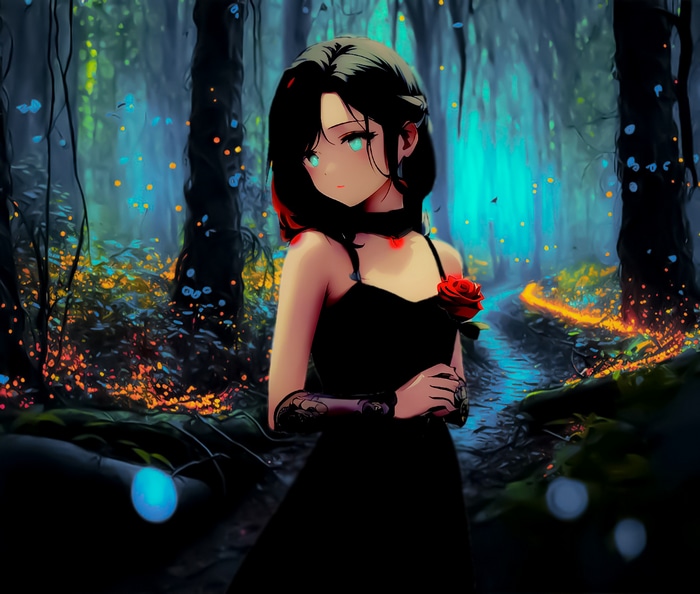 Anime girl with rose in a magical forest