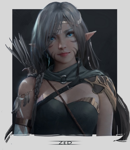 Fantasy art of an elf archer with blue eyes and gray hair