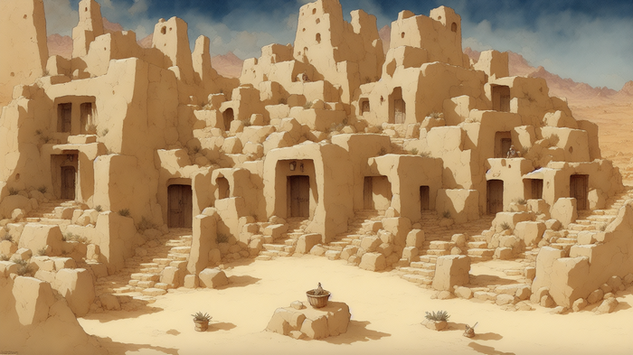Ancient desert village with stone buildings and stairs