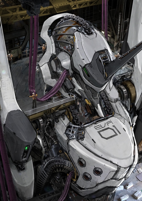 EVA Unit 01 under construction in a hangar
