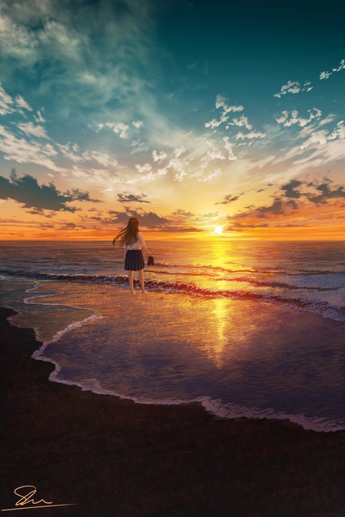 Schoolgirl on beach at sunset