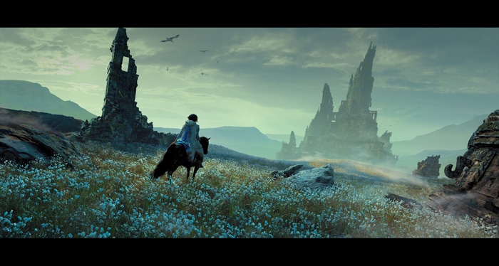 4K artwork of a person on a horse in a field with ruins