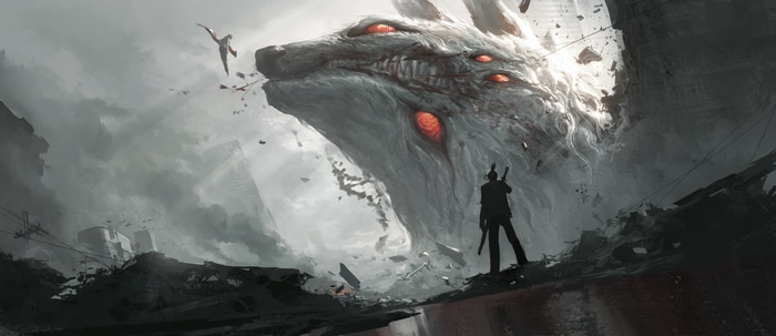 Chainsaw Man fan art: Giant wolf creature in a destroyed city