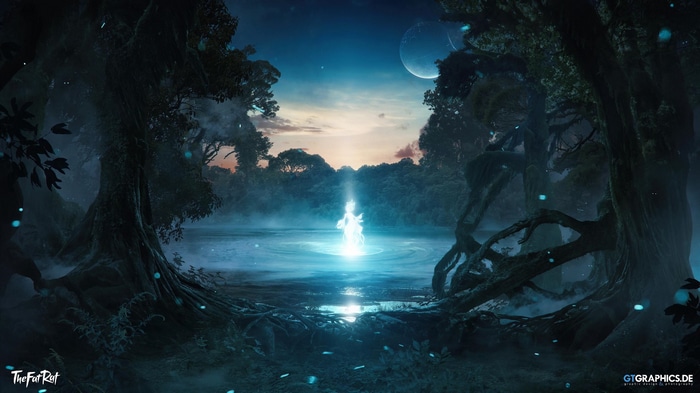 Fantasy forest lake with glowing figure at sunset