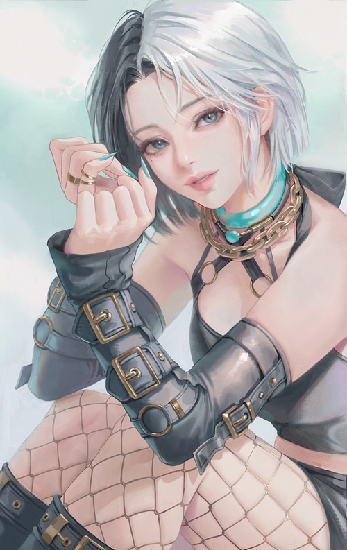 Illustration of a woman with black and white hair
