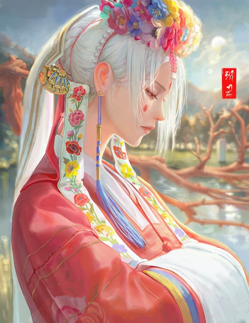Woman in traditional Korean clothing with flowers