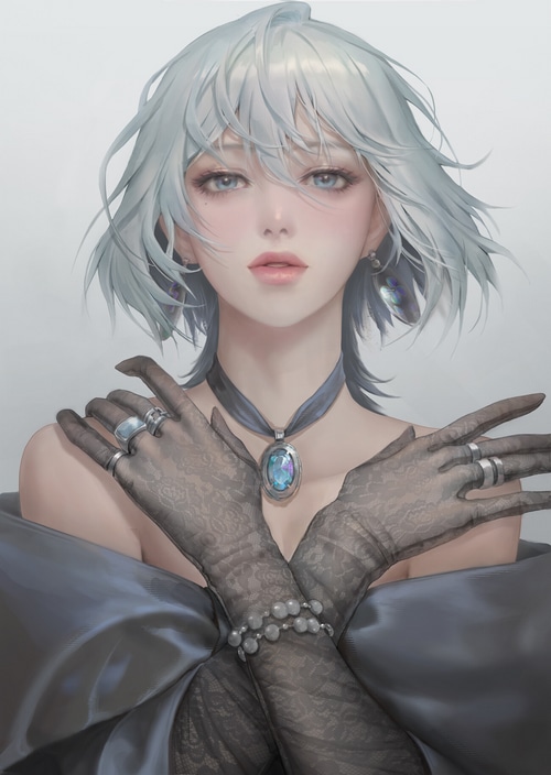 Woman with white hair and black gloves
