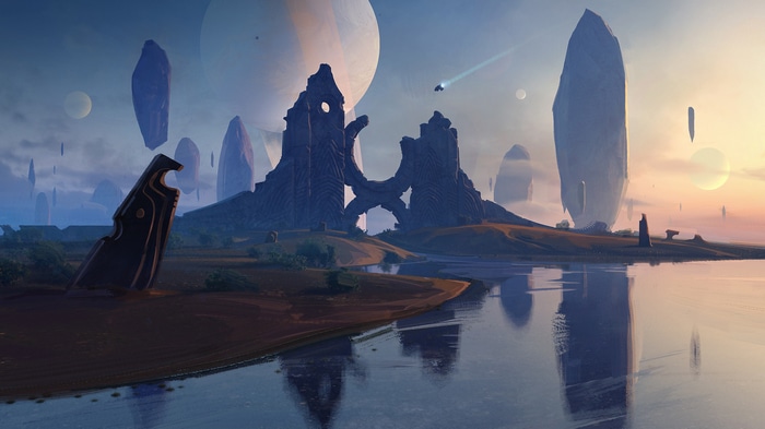 Alien landscape with floating rocks and a large planet