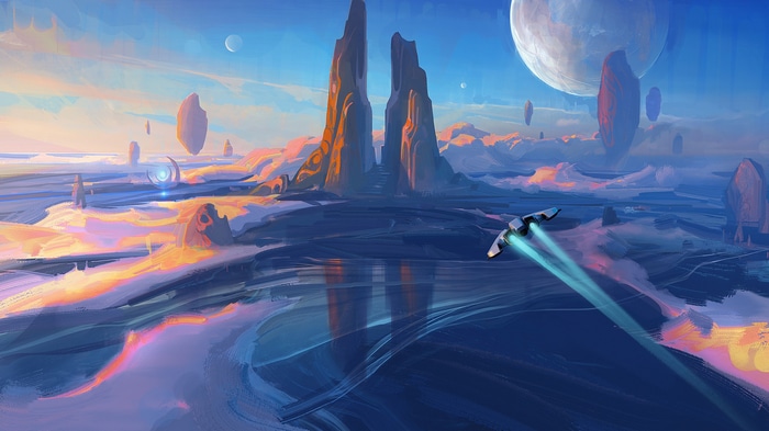 Spaceship flying over alien landscape with rock formations