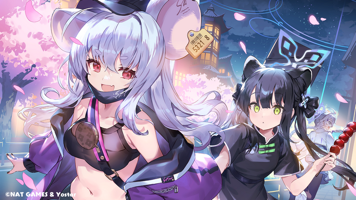 Anime girls with animal ears in a night setting