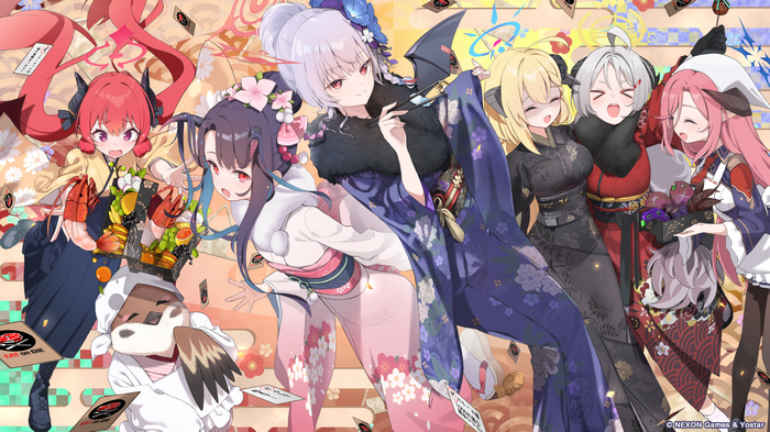 Blue Archive Characters in Kimonos with Festive Food