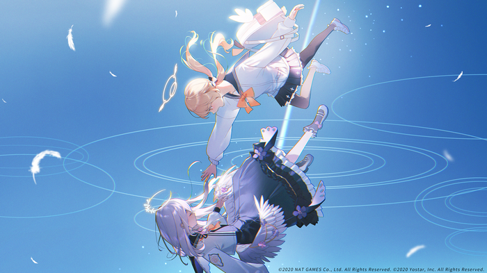 Two schoolgirls falling with feathers and nimbus