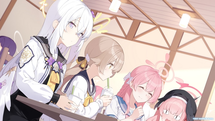 Blue Archive girls drinking at a cafe