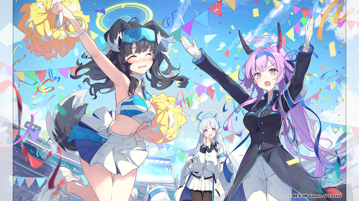 Blue Archive characters celebrating with pom-poms and confetti