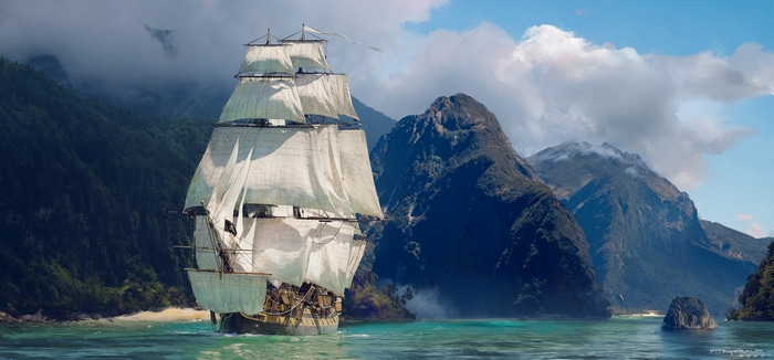 4K ship sailing near mountains and sea