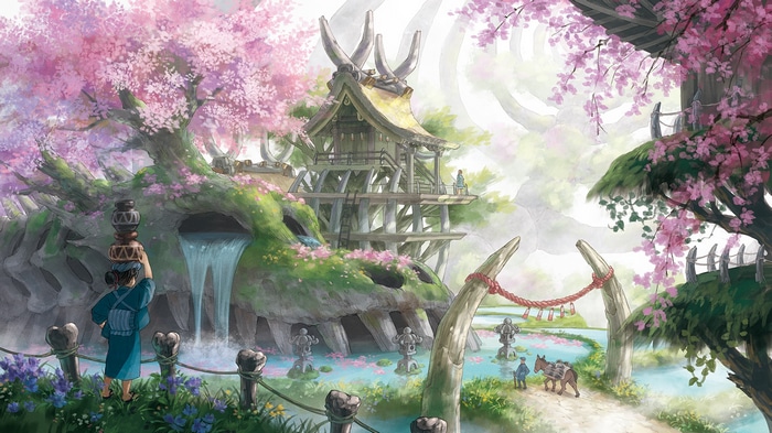 Fantasy village with cherry blossoms and waterfall
