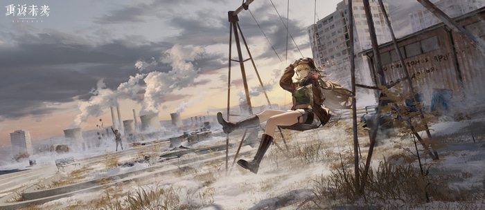 4K anime girl on swings in post-apocalyptic landscape
