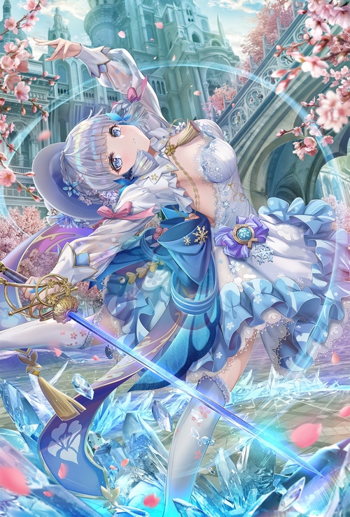 Kamisato Ayaka with a sword in front of a castle