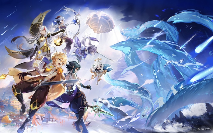 Genshin Impact characters fighting a water dragon