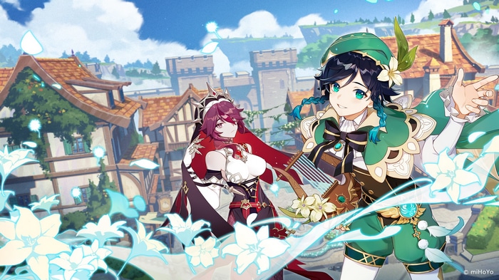 Rosaria and Venti from Genshin Impact in a village