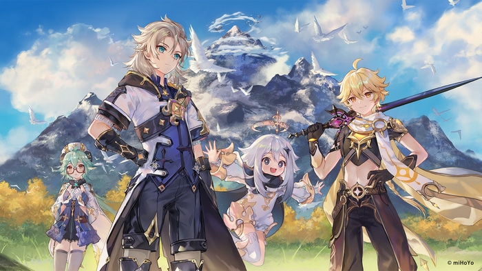 Genshin Impact characters Albedo, Aether, Sucrose, and Paimon with mountains