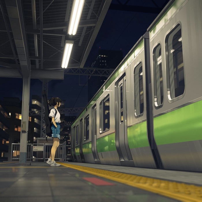 Woman with guitar case waiting for train at night