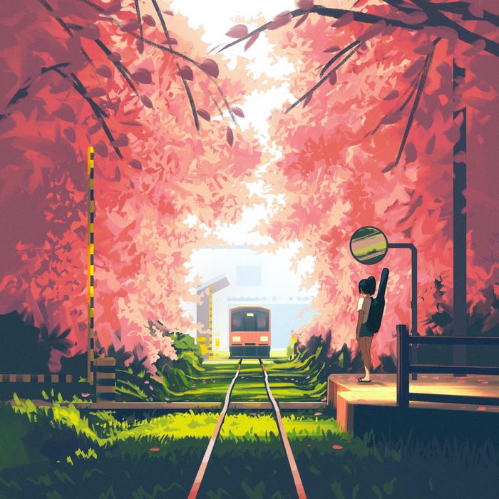 Girl with guitar waiting for train by railway