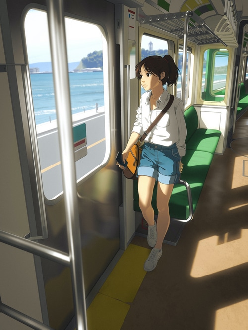 Woman with ponytail on a train by the sea