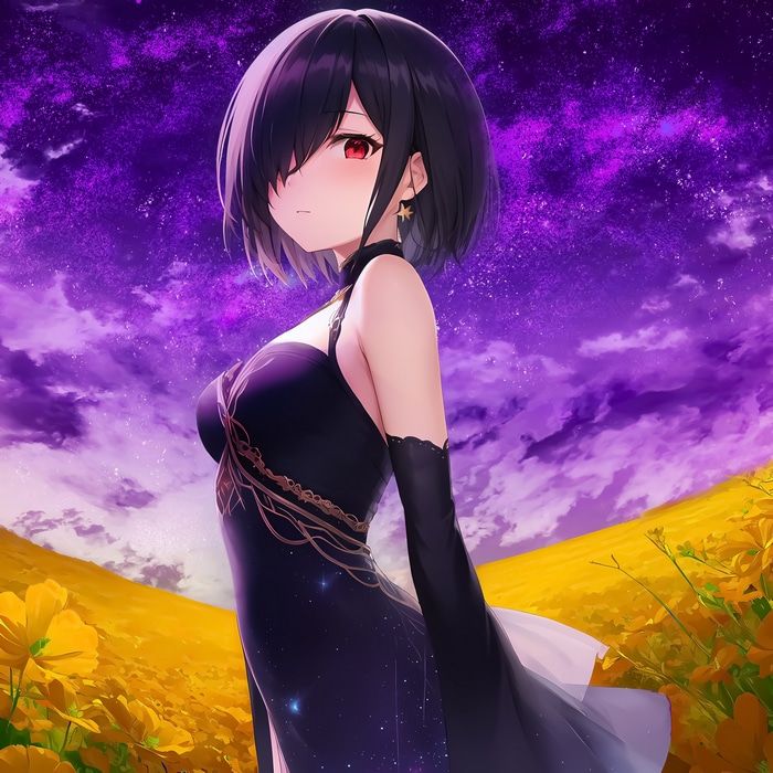 Anime girl with red eyes in a black dress in a flower field