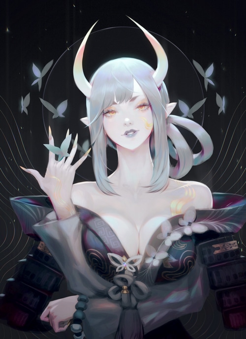 Woman with horns and butterflies