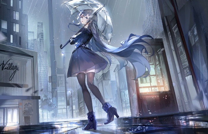 Girl with blue hair and umbrella in city