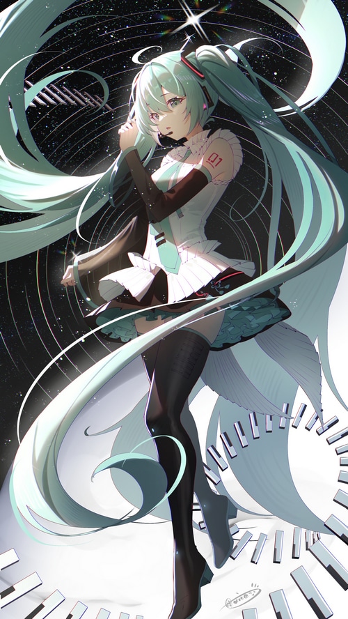 Hatsune Miku in a cosmic setting with musical notes