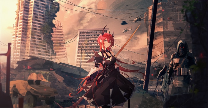 4K Arknights Surtr in Ruined City with Helicopters