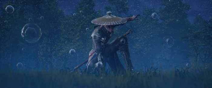 Bu liang ren with hat in a forest with bubbles