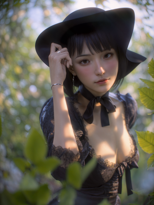 Asian woman in black lace dress and hat outdoors