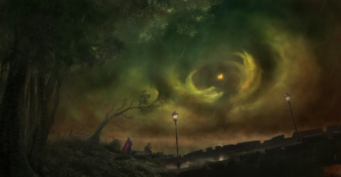 Fantasy landscape with warriors under a stormy sky