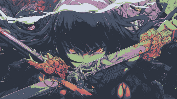 Demon girl with katana and pistol