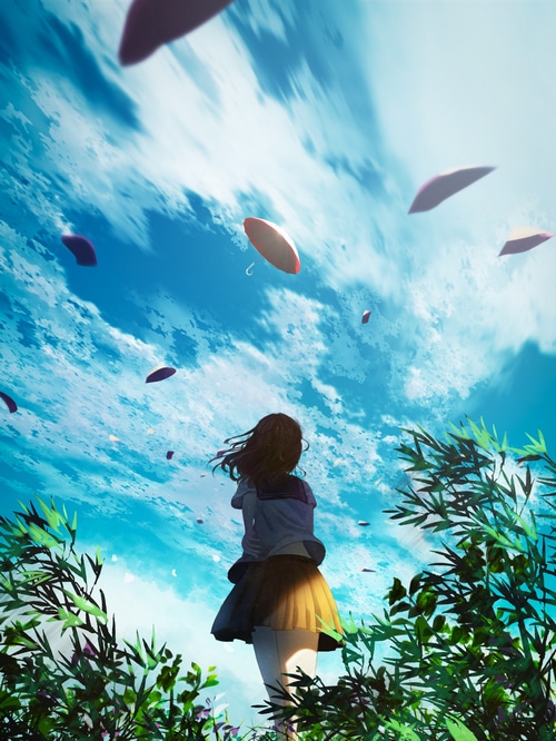 Schoolgirl looking at umbrellas in the sky