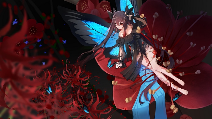 Hu Tao with Butterfly Wings and Red Flowers