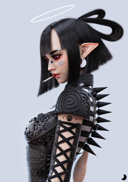 Woman with pointy ears smoking a cigarette