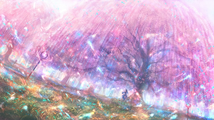 Magical cherry blossom forest with a girl