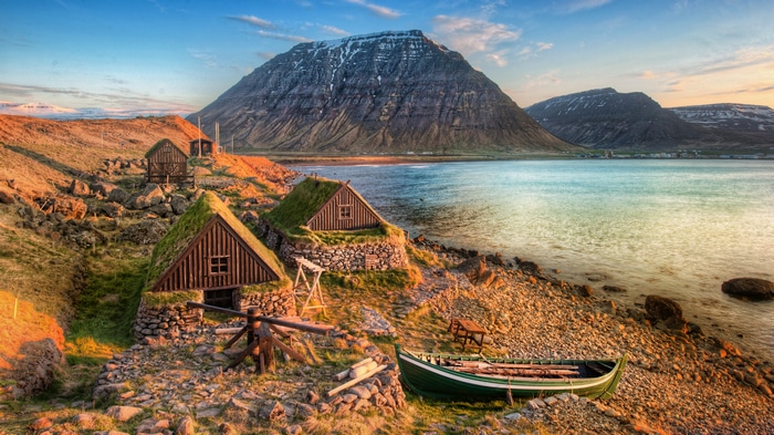 4K Iceland landscape with turf houses and mountains
