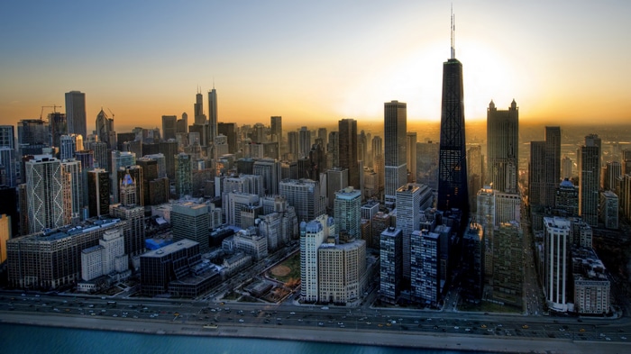 Chicago cityscape at sunset with John Hancock Center