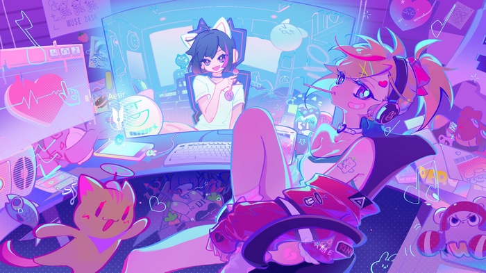 Muse Dash characters in a colorful room with computers